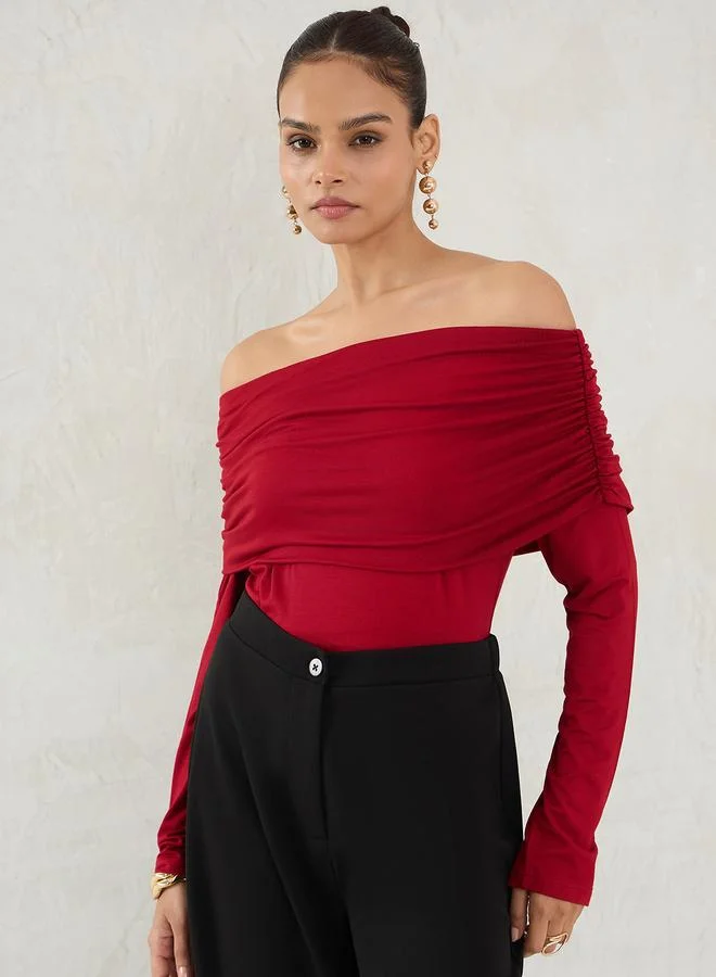 Femmella Deep Red Knit Bardot Neck Ruched Detail Top